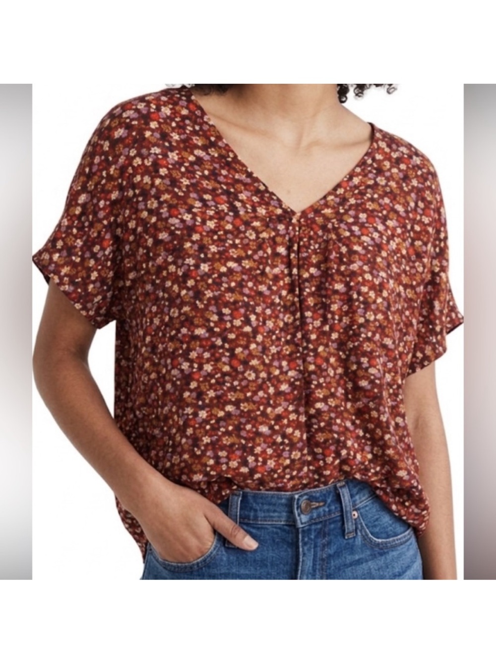 Madewell Floral Shortsleeve Blouse Size Small Oversized Red Burgundy Casual New